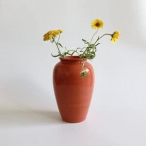Grote terracotta aardewerk vaas in roodbruin met gele bloemen en groen blad.