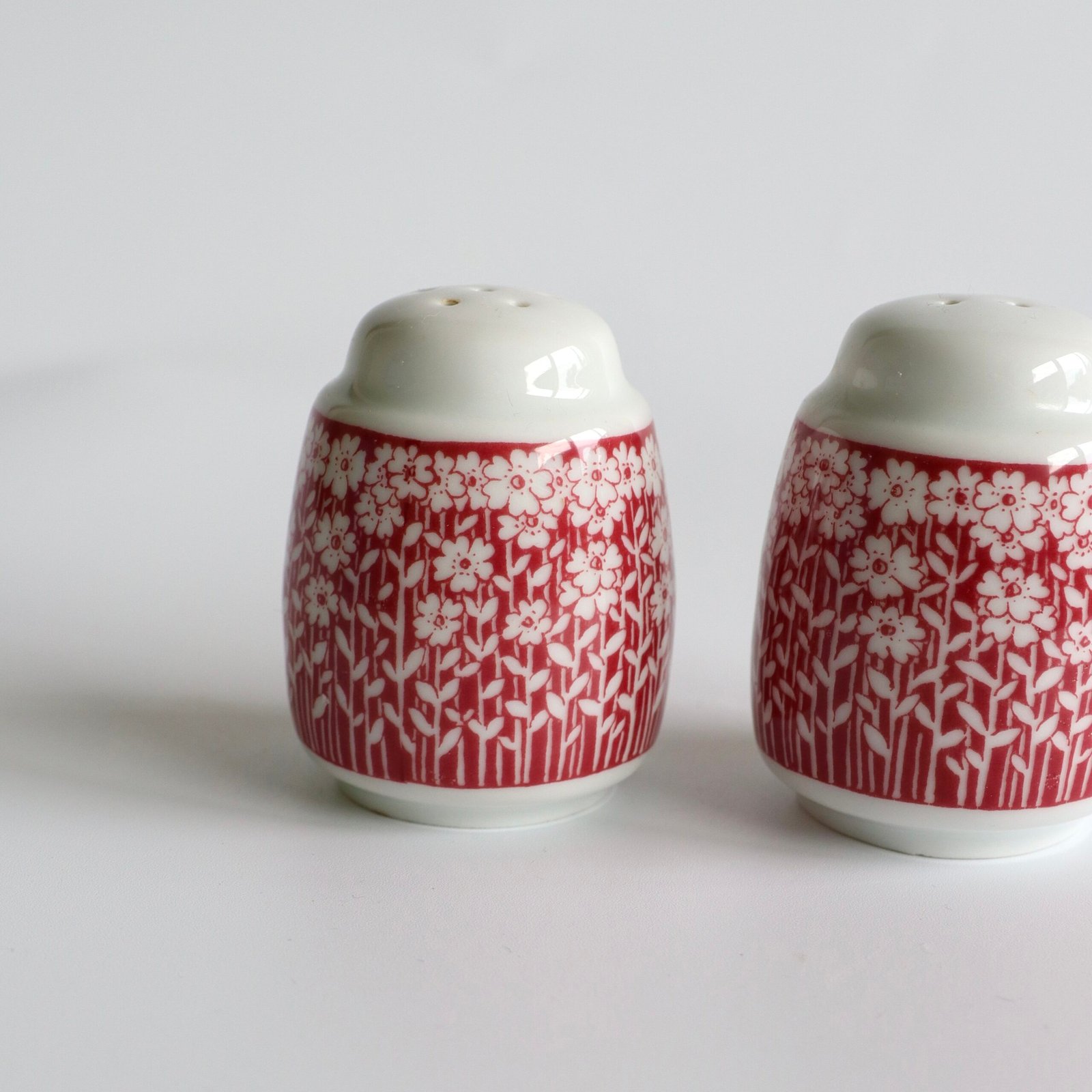 Peper- en zoutset van porselein met rood bloemenpatroon en witte schenktuit, detail van het decor en de gaatjes.